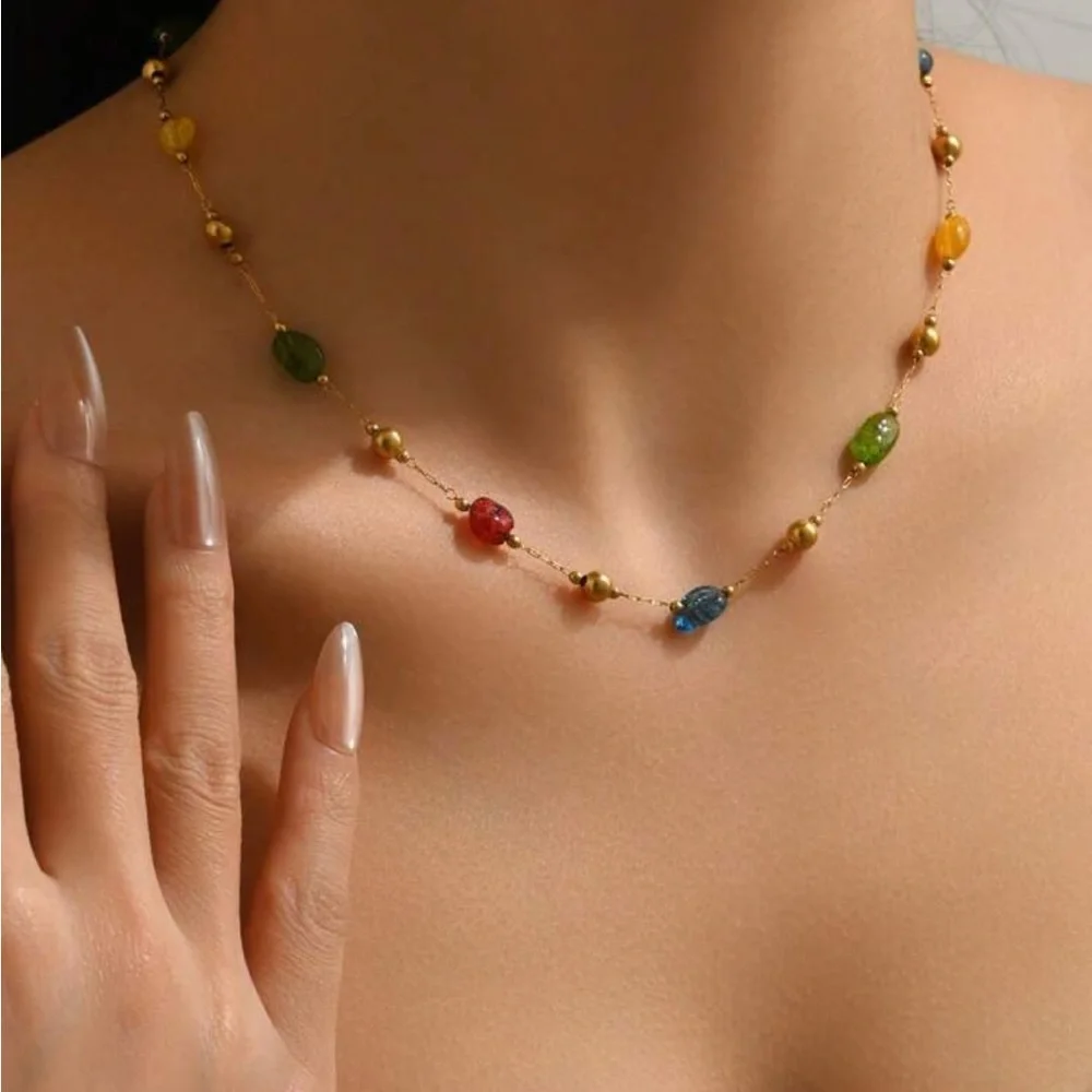 Multicolor Gemstone Beaded Necklace with Gold Accents - Picture 1 of 7